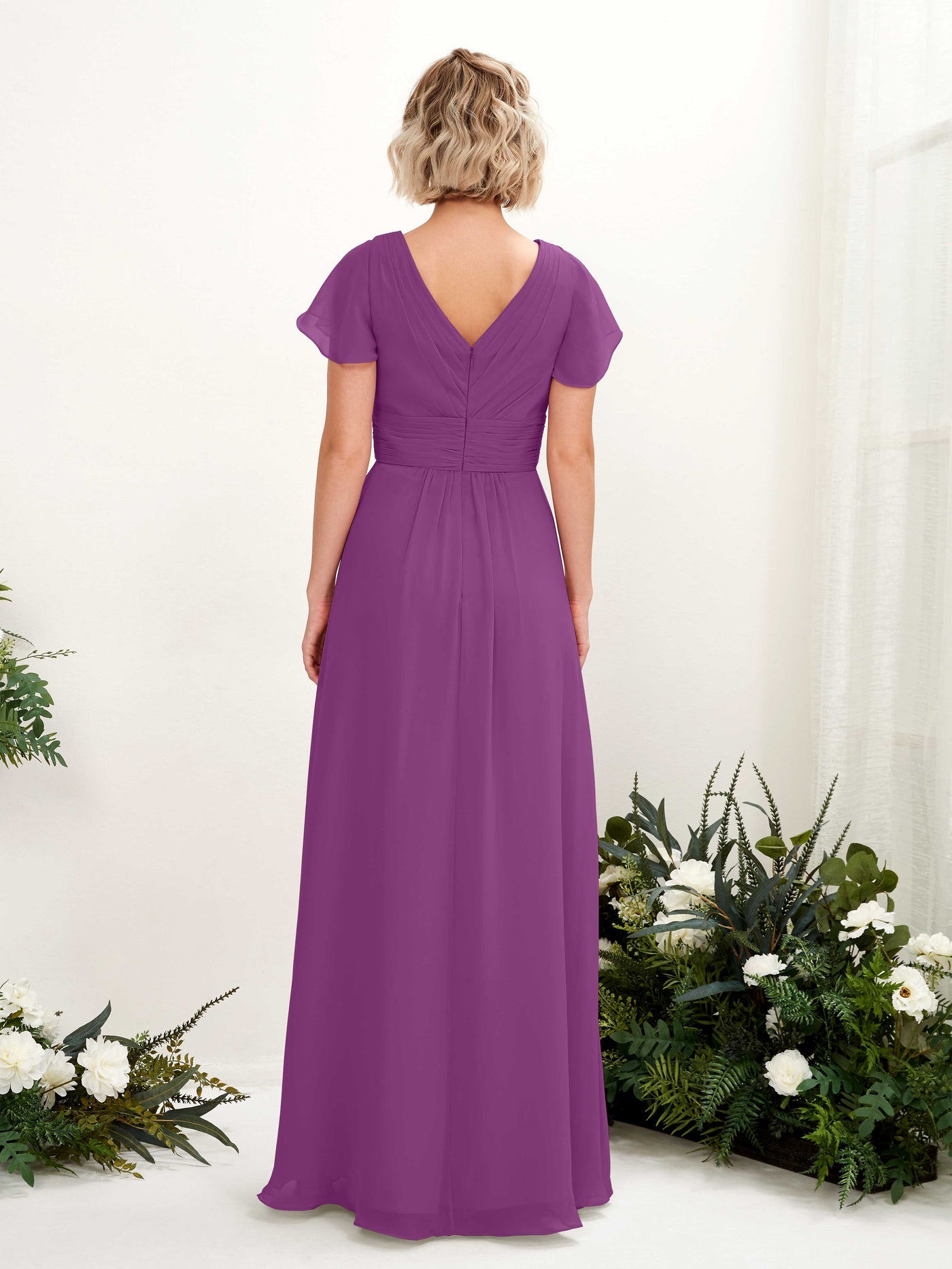 Purple Bridesmaid Dresses Bridesmaid Dress A-line Chiffon V-neck Full Length Short Sleeves Wedding Party Dress (81224336)#color_purple