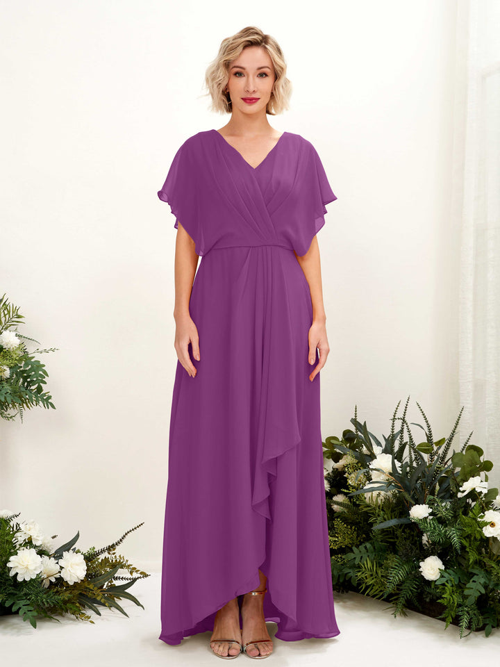 Purple Bridesmaid Dresses Bridesmaid Dress A-line Chiffon V-neck Full Length Short Sleeves Wedding Party Dress (81222136)