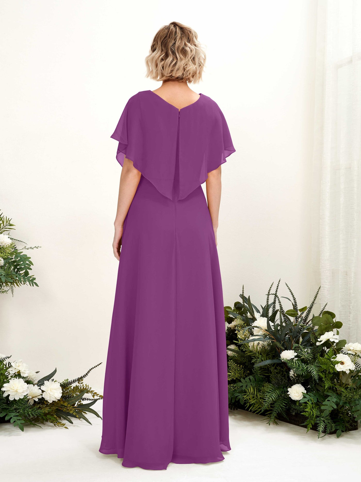 Purple Bridesmaid Dresses Bridesmaid Dress A-line Chiffon V-neck Full Length Short Sleeves Wedding Party Dress (81222136)#color_purple