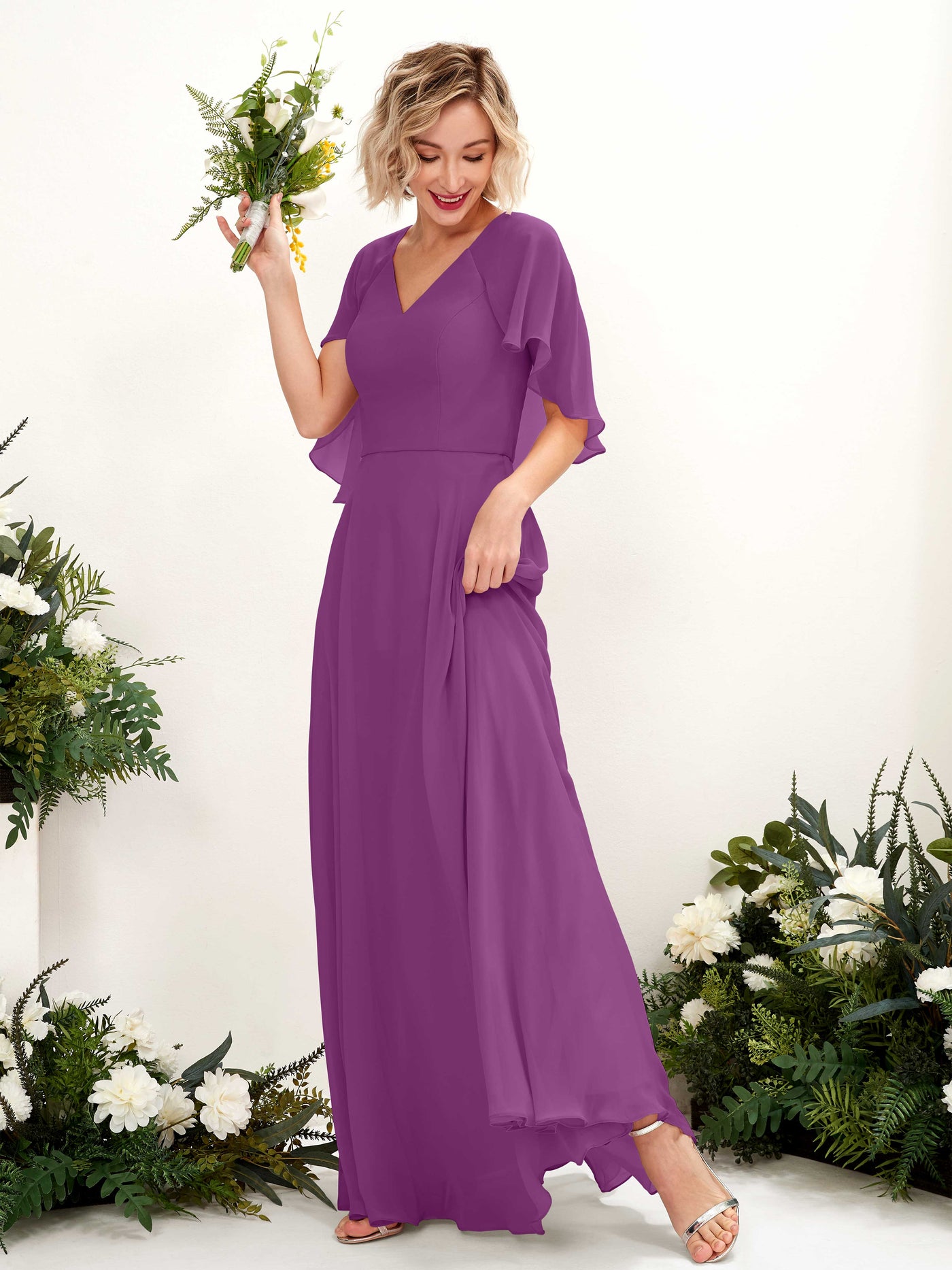 Purple Bridesmaid Dresses Bridesmaid Dress A-line Chiffon V-neck Full Length Short Sleeves Wedding Party Dress (81224436)#color_purple