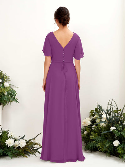 Carlyna Daphne A-Line Purple Bridesmaid Dress Maxi Short Sleeve V-Neck Dress Back View #color_purple
