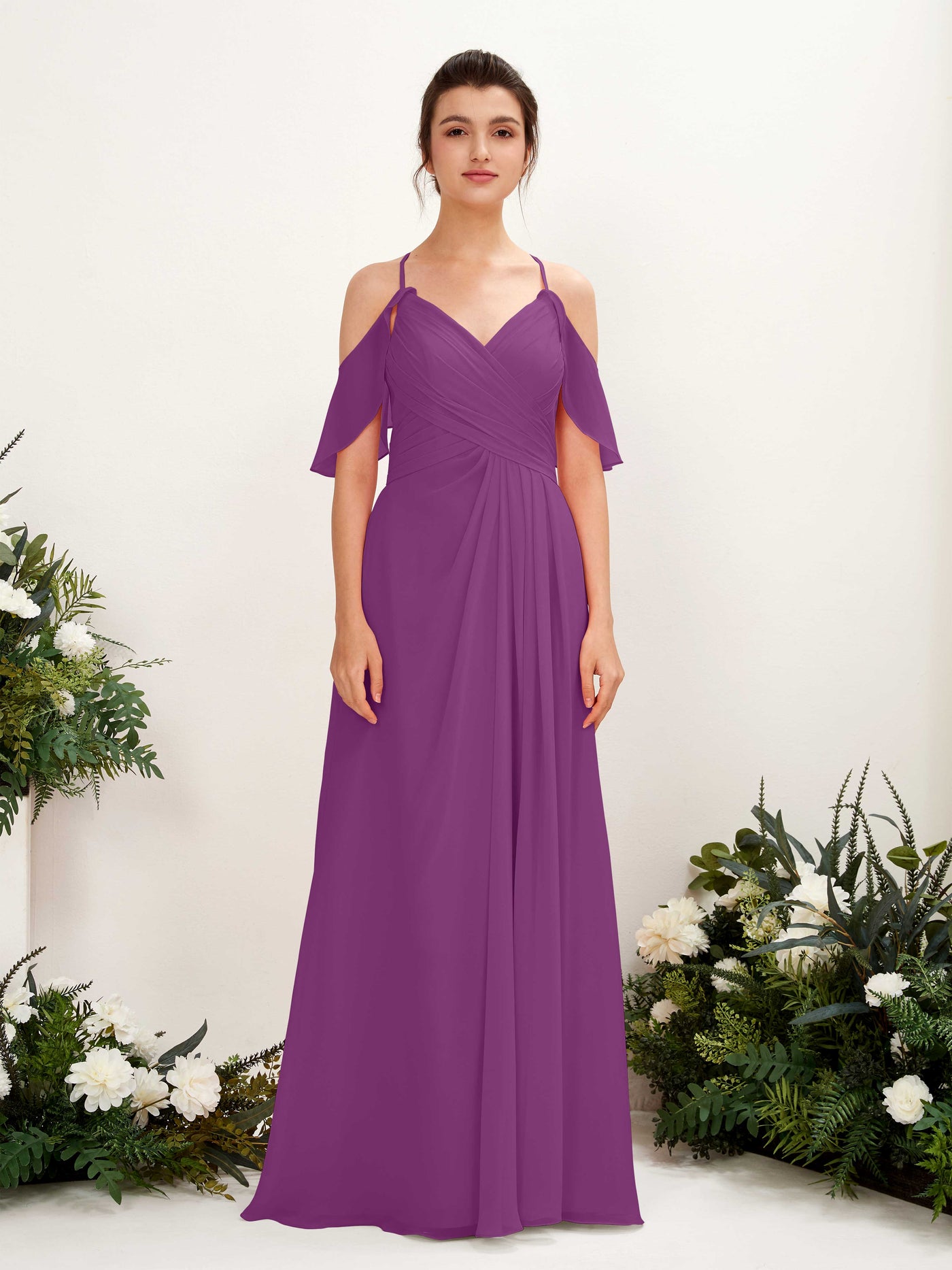 Ball Gown Off Shoulder Spaghetti-straps Chiffon Bridesmaid Dress - Purple (81221736)#color_purple