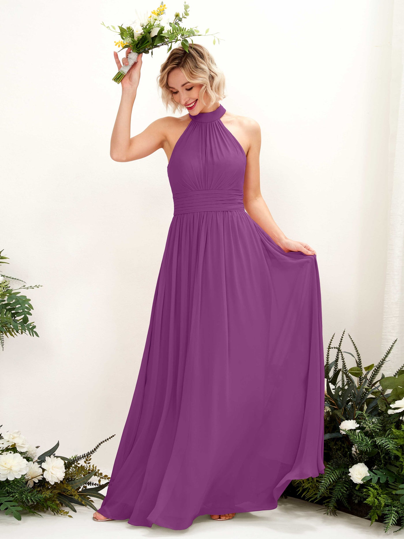Purple Bridesmaid Dresses Bridesmaid Dress A-line Chiffon Halter Full Length Sleeveless Wedding Party Dress (81225336)#color_purple