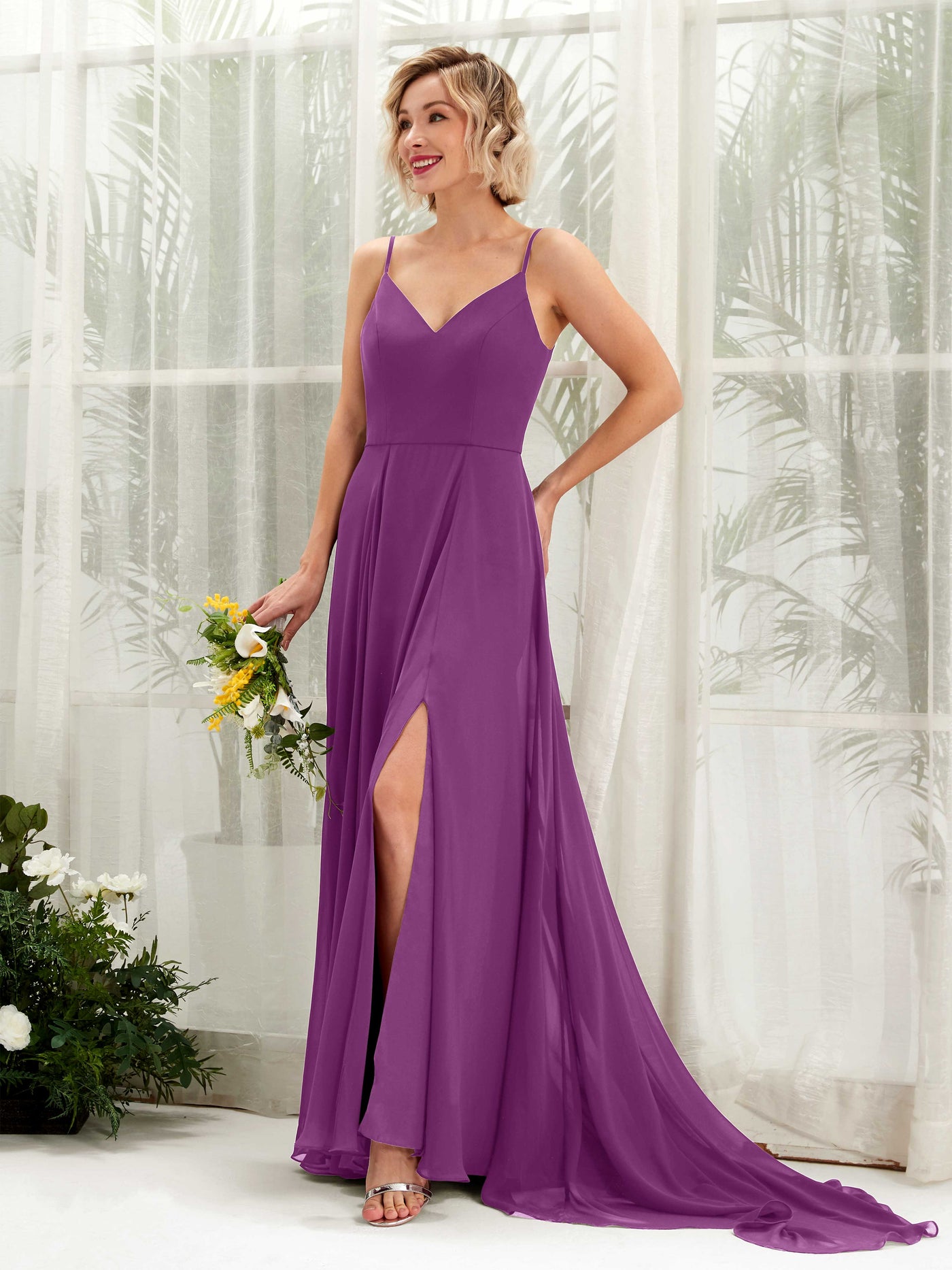 Purple Bridesmaid Dresses Bridesmaid Dress A-line Chiffon V-neck Full Length Sleeveless Wedding Party Dress (81224136)#color_purple