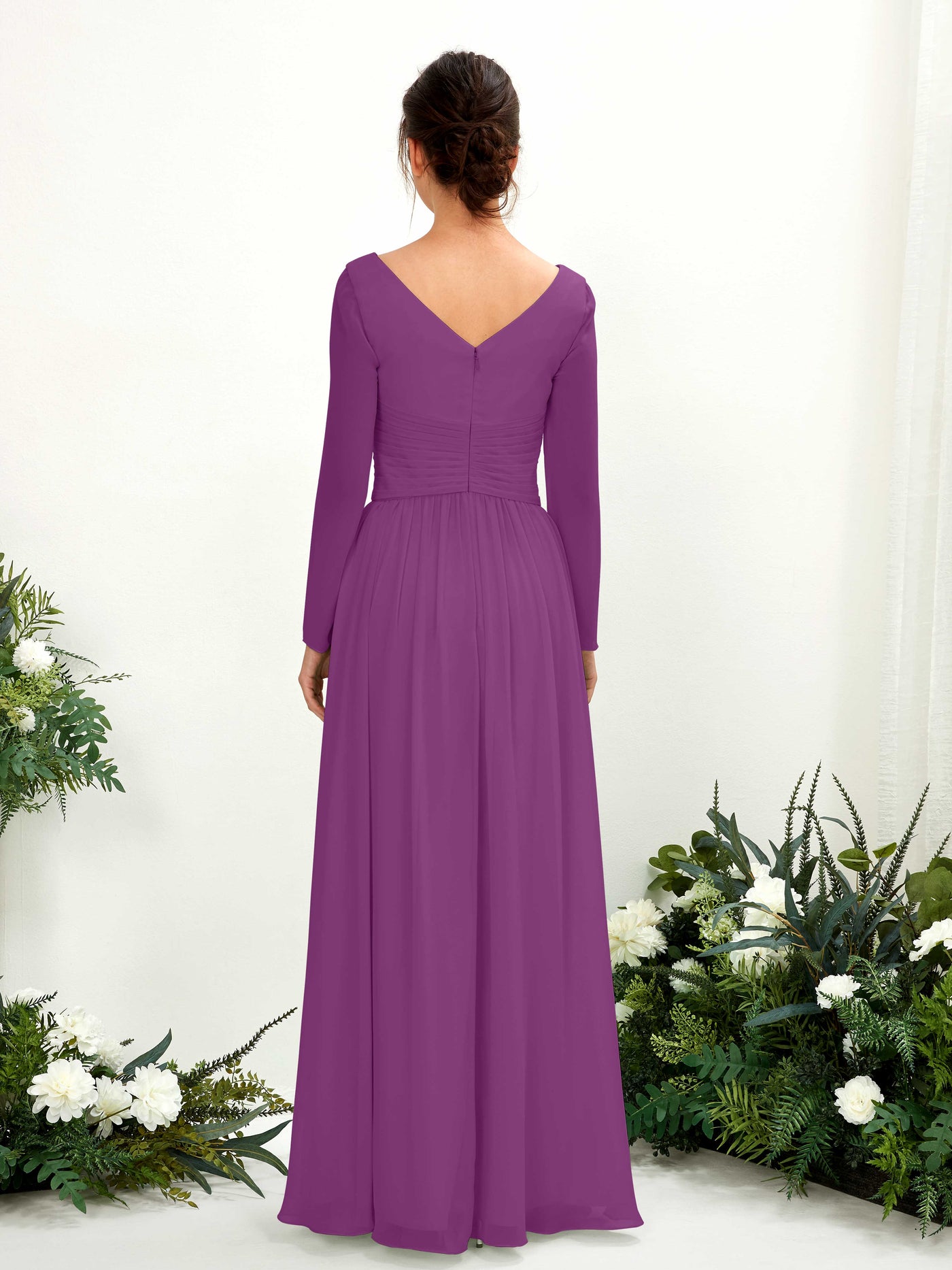Purple Bridesmaid Dresses Bridesmaid Dress A-line Chiffon V-neck Full Length Long Sleeves Wedding Party Dress (81220336)#color_purple