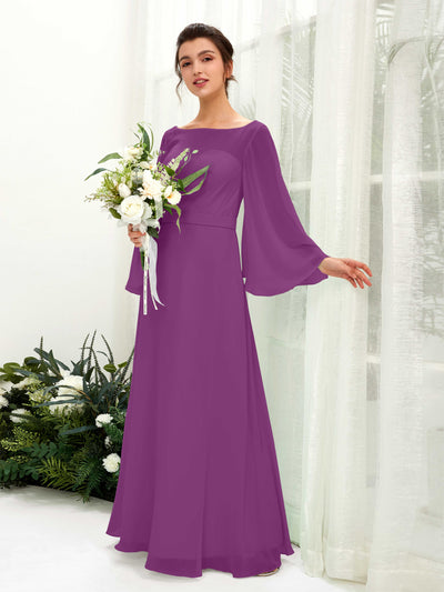 Carlyna Elie A-Line Purple Bridesmaid Dress Maxi Long Sleeve Boat Neck Front View #color_purple
