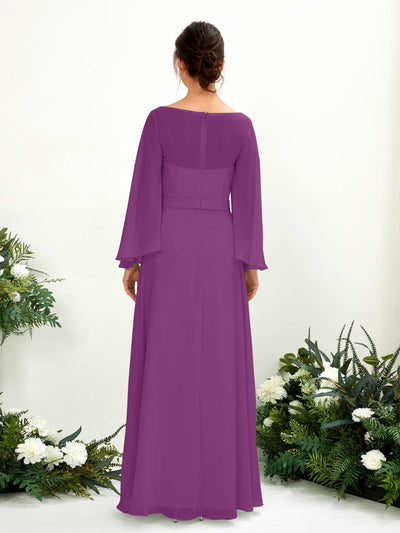 Carlyna Elie A-Line Purple Bridesmaid Dress Maxi Long Sleeve Boat Neck Back View #color_purple