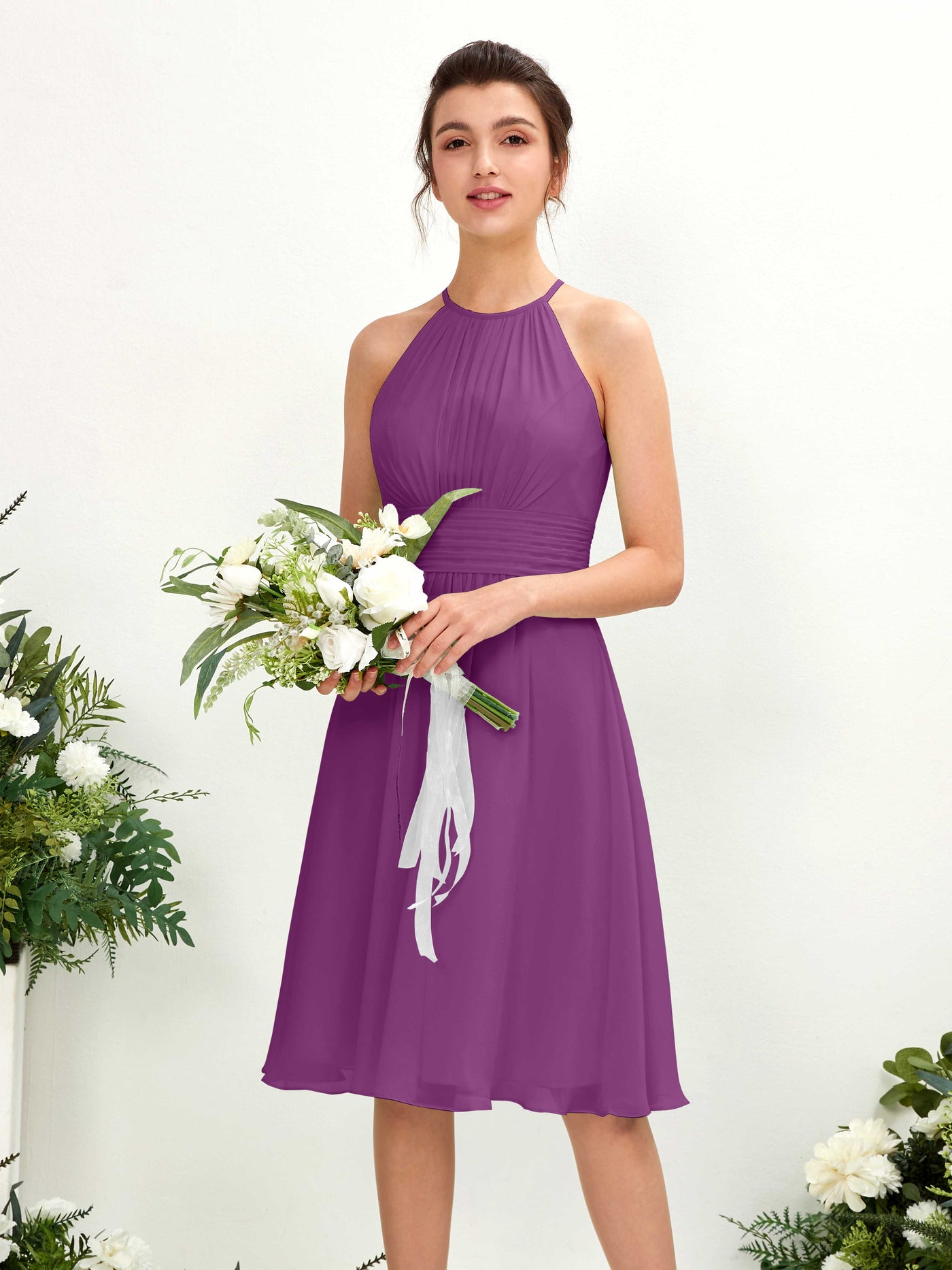 Purple Bridesmaid Dresses Bridesmaid Dress A-line Chiffon Halter Knee Length Sleeveless Wedding Party Dress (81220136)#color_purple