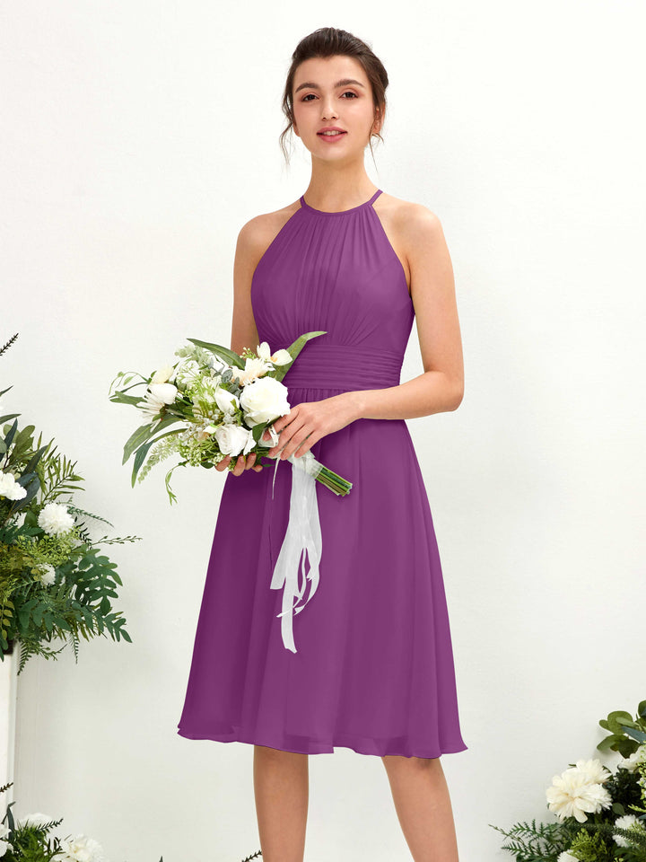 Purple Bridesmaid Dresses Bridesmaid Dress A-line Chiffon Halter Knee Length Sleeveless Wedding Party Dress (81220136)
