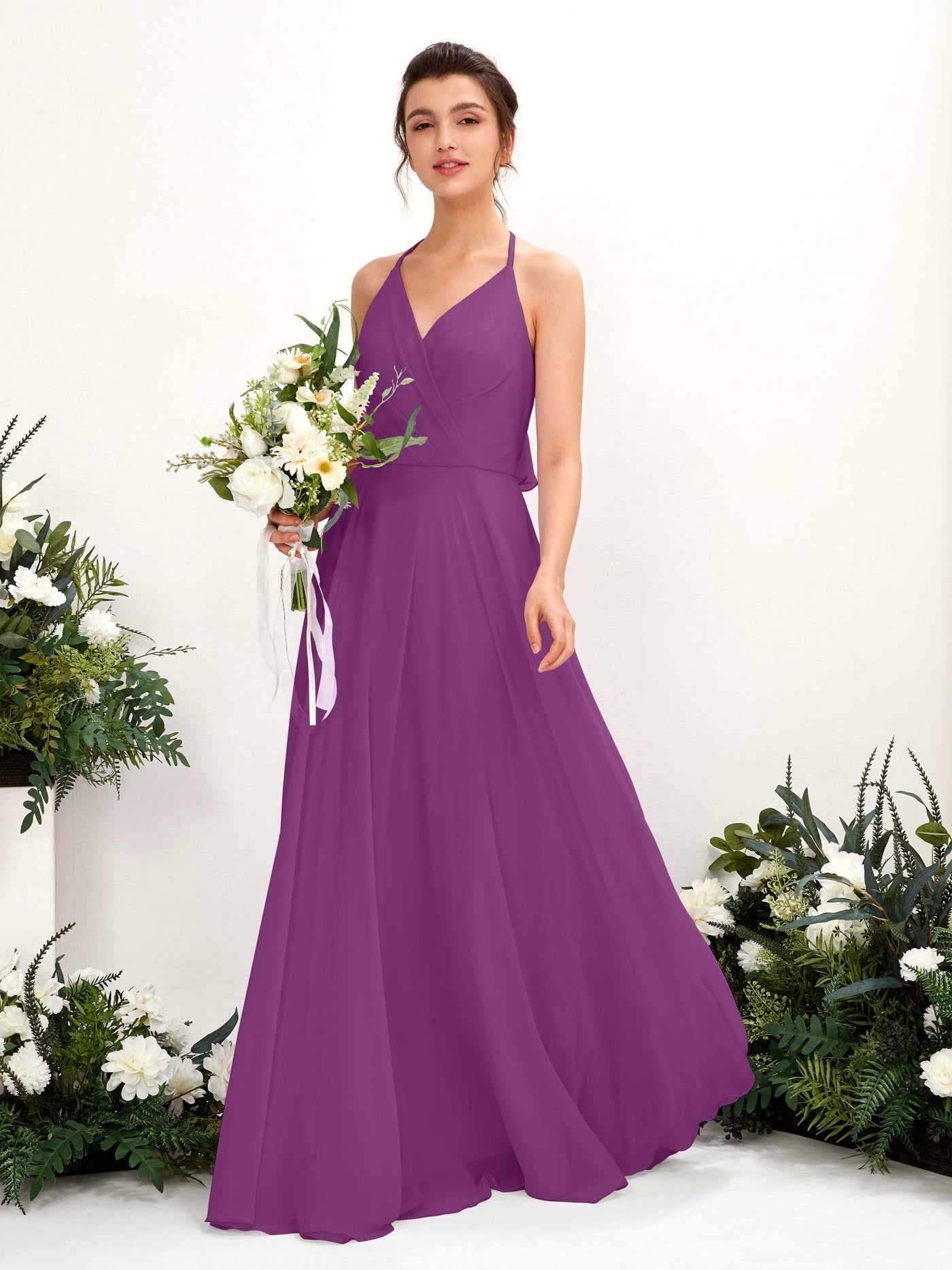 Halter V-neck Sleeveless Chiffon Bridesmaid Dress - Purple (81221036)#color_purple