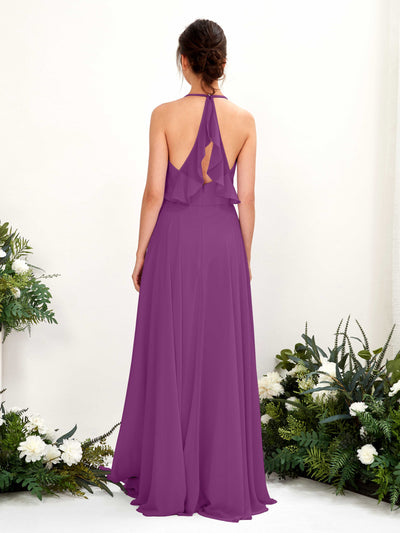 Carlyna Launo A-Line Purple Bridesmaid Dress Maxi Sleeveless V-Neck Dress Back View #color_purple