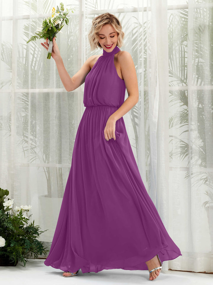 Purple Bridesmaid Dresses Bridesmaid Dress A-line Chiffon Halter Full Length Sleeveless Wedding Party Dress (81222936)