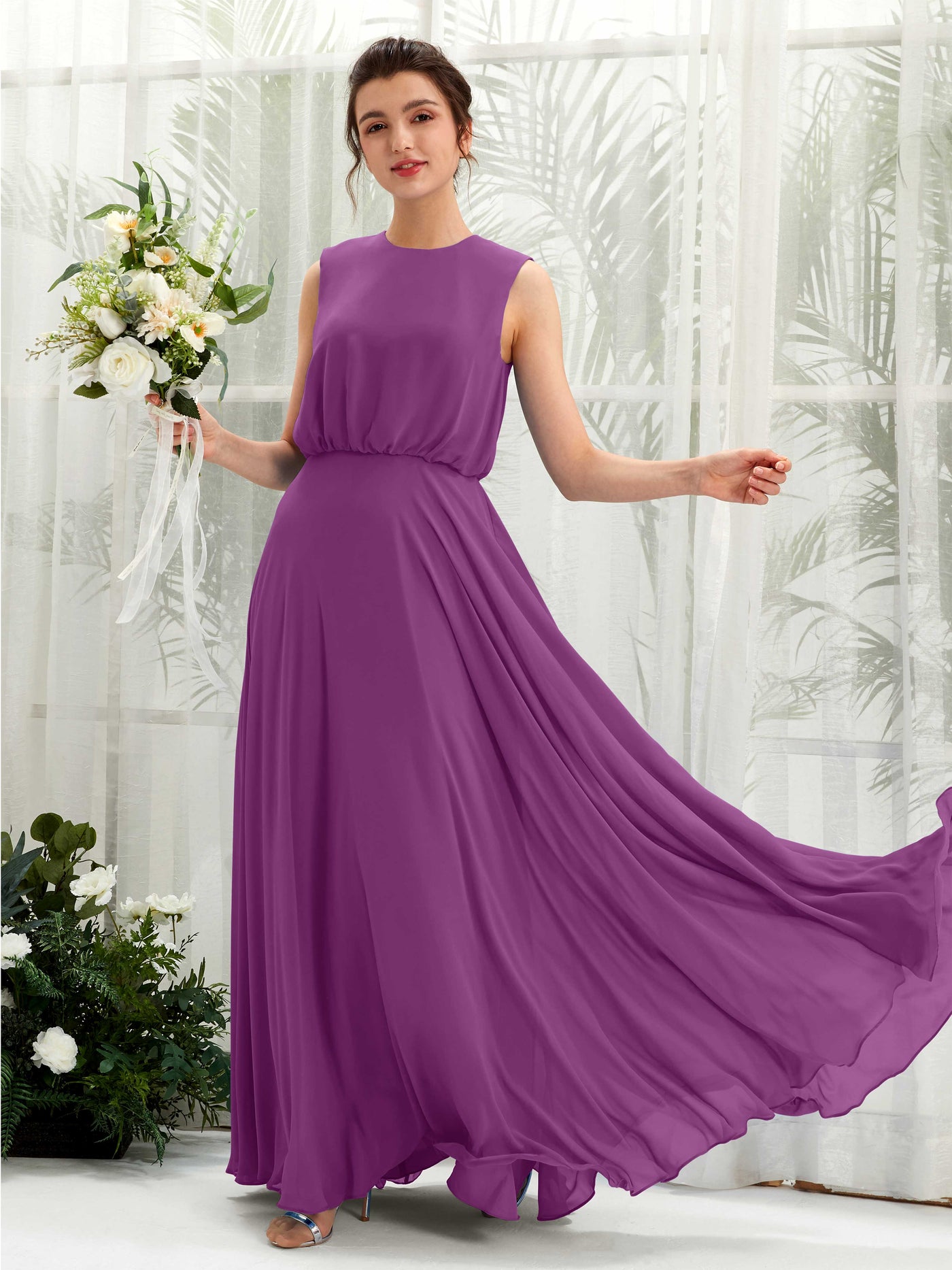Purple Bridesmaid Dresses Bridesmaid Dress A-line Chiffon Round Full Length Sleeveless Wedding Party Dress (81222836)#color_purple