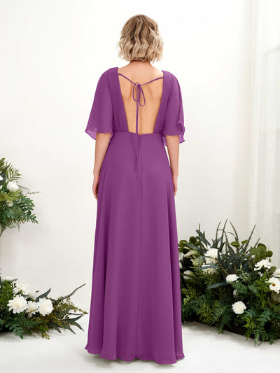 Carlyna Dhea A-Line Purple Bridesmaid Dress Maxi Short Sleeve V-Neck Dress Back View #color_purple