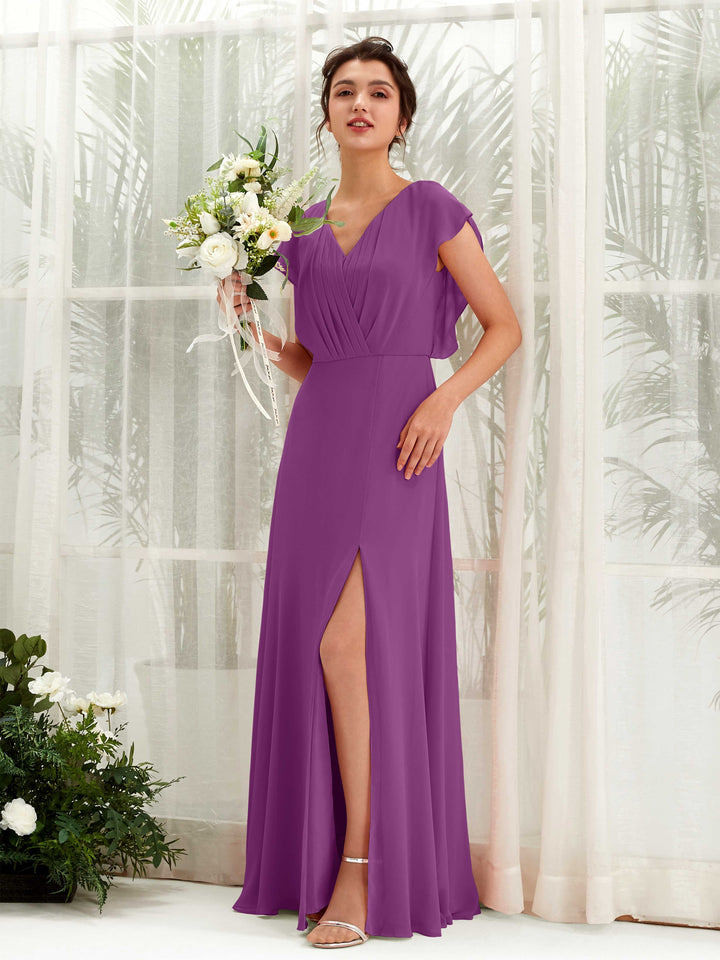Purple Bridesmaid Dresses Bridesmaid Dress A-line Chiffon V-neck Full Length Short Sleeves Wedding Party Dress (81225636)