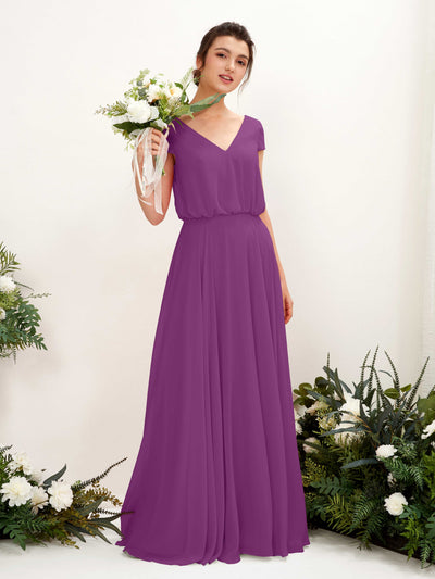 Carlyna Pauline A-Line Purple Bridesmaid Dress Maxi Cap Sleeve V-Neck Dress Front View #color_purple