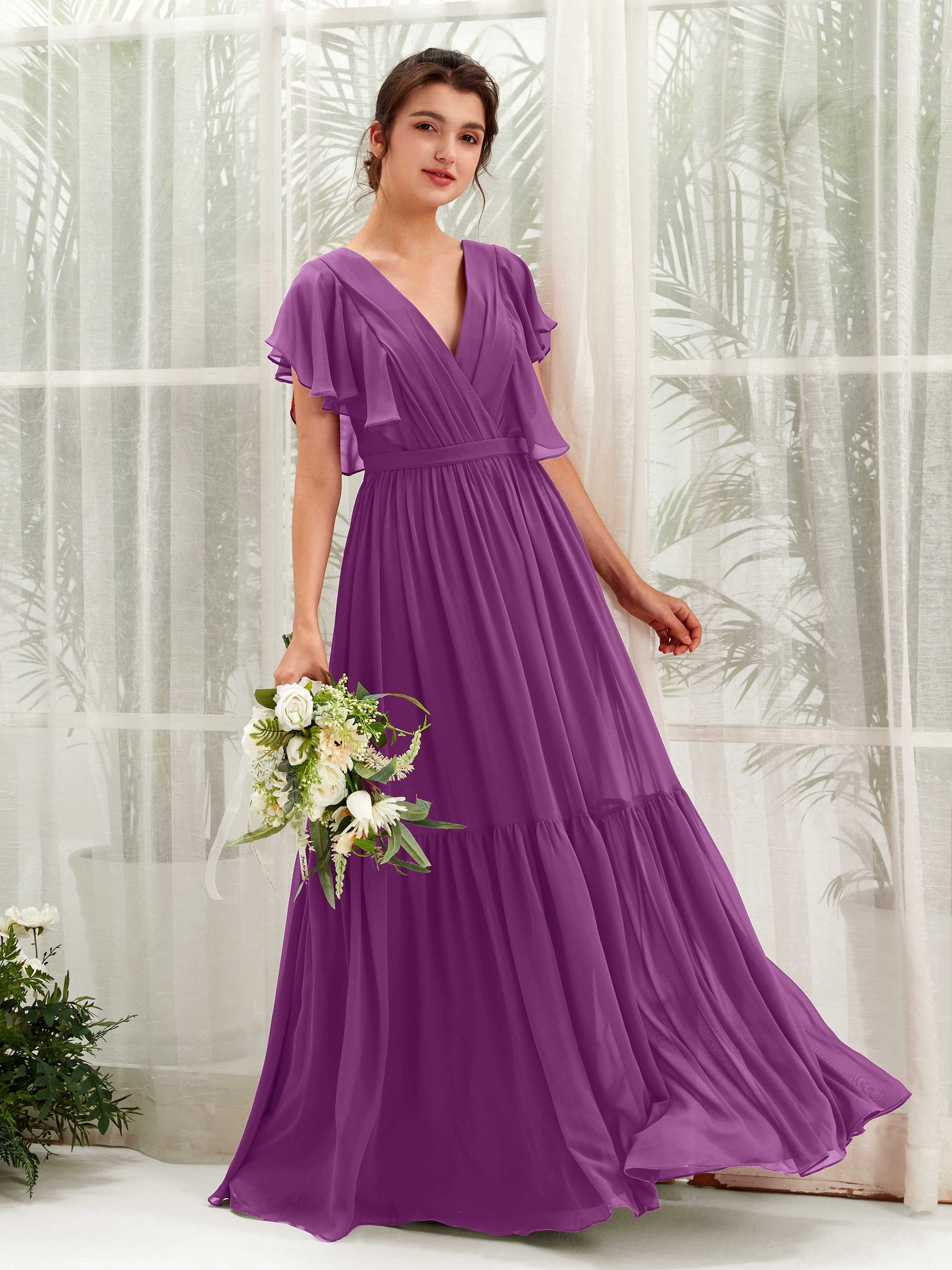 Purple Bridesmaid Dresses Bridesmaid Dress A-line Chiffon V-neck Full Length Short Sleeves Wedding Party Dress (81225936)#color_purple