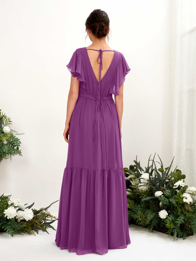 Carlyna Chaya A-Line Purple Bridesmaid Dress Maxi Cap Sleeve V-Neck Dress Back View #color_purple