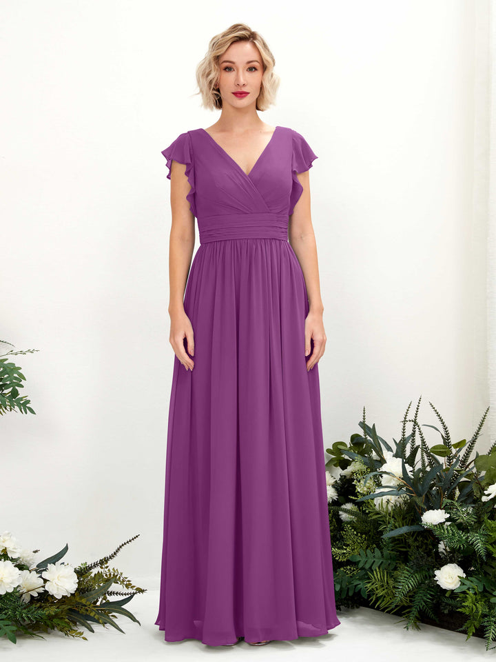 Purple Bridesmaid Dresses Bridesmaid Dress A-line Chiffon V-neck Full Length Short Sleeves Wedding Party Dress (81222736)