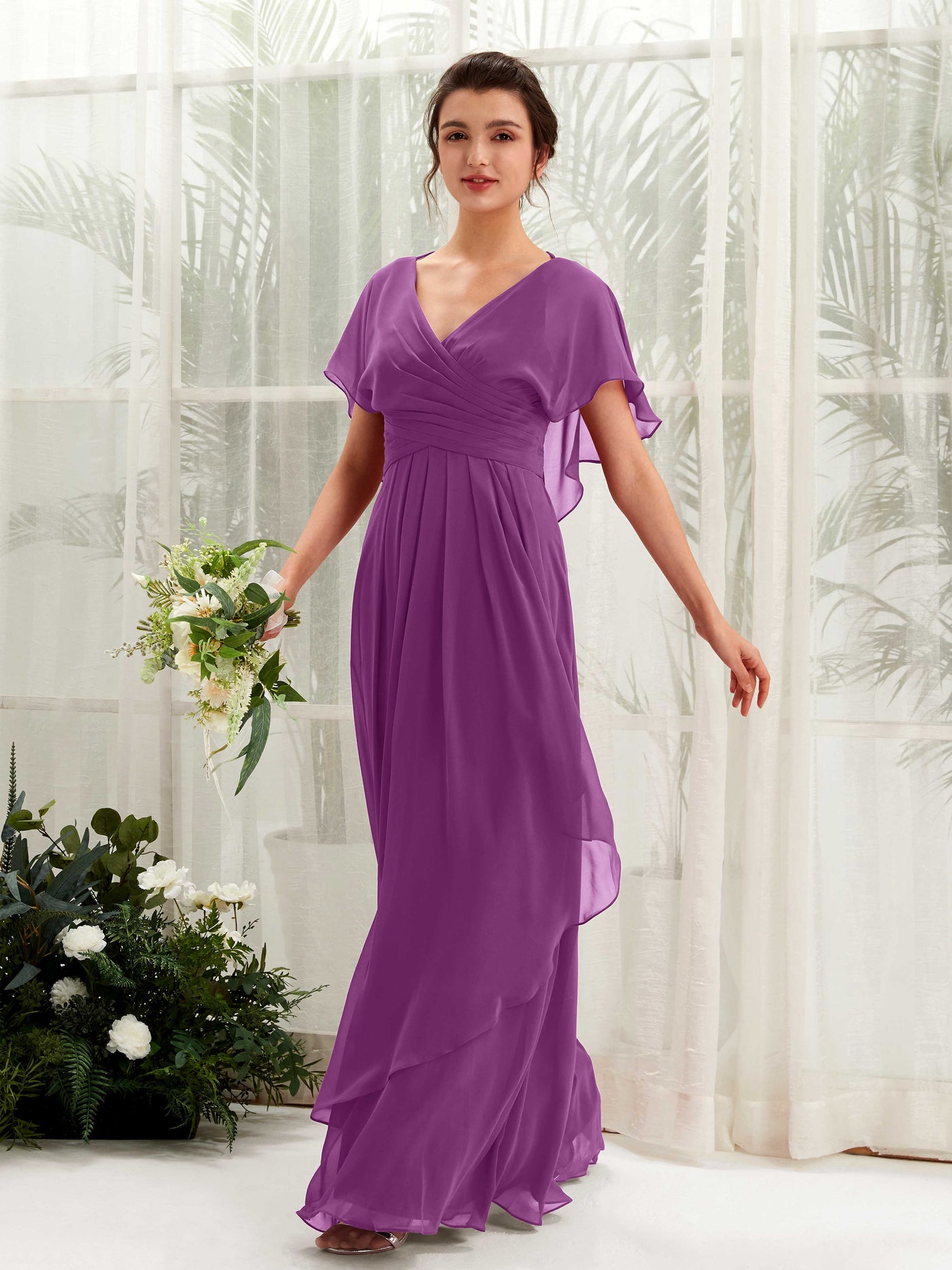 Open back V-neck Short Sleeves Chiffon Bridesmaid Dress - Purple (81226136)#color_purple