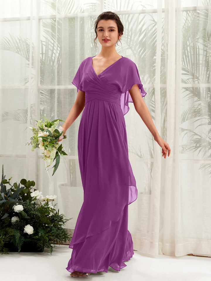 Open back V-neck Short Sleeves Chiffon Bridesmaid Dress - Purple (81226136)