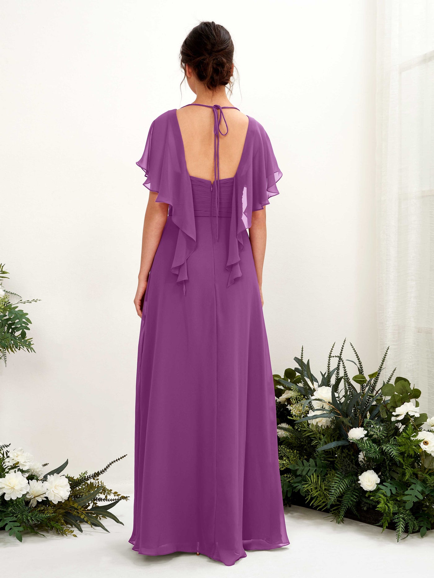 Open back V-neck Short Sleeves Chiffon Bridesmaid Dress - Purple (81226136)#color_purple