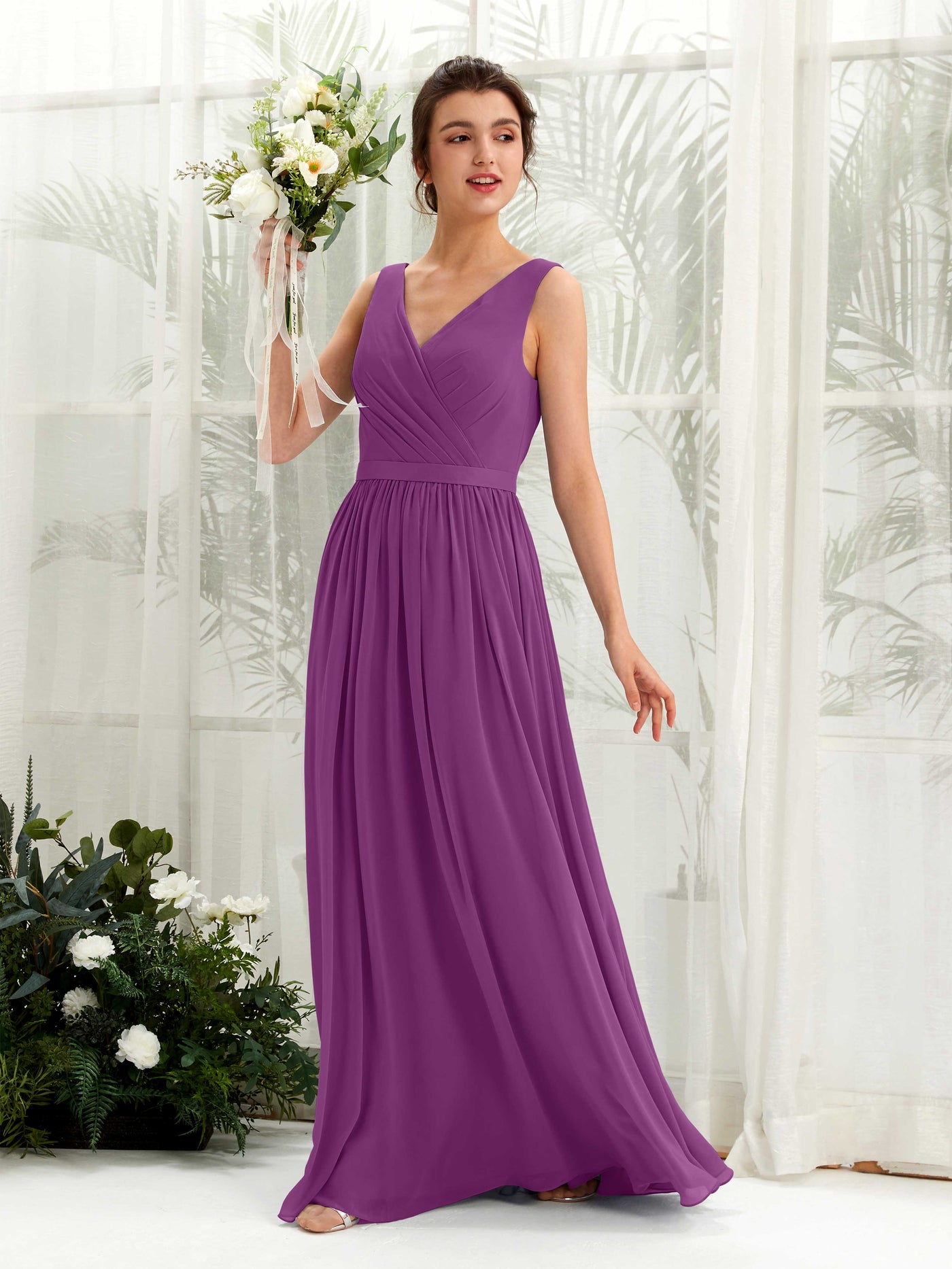 Purple Bridesmaid Dresses Bridesmaid Dress A-line Chiffon V-neck Full Length Sleeveless Wedding Party Dress (81223636)#color_purple