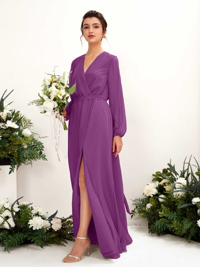 Carlyna Elsie A-Line Purple Bridesmaid Dress Maxi Long Sleeve V-Neck Front View #color_purple