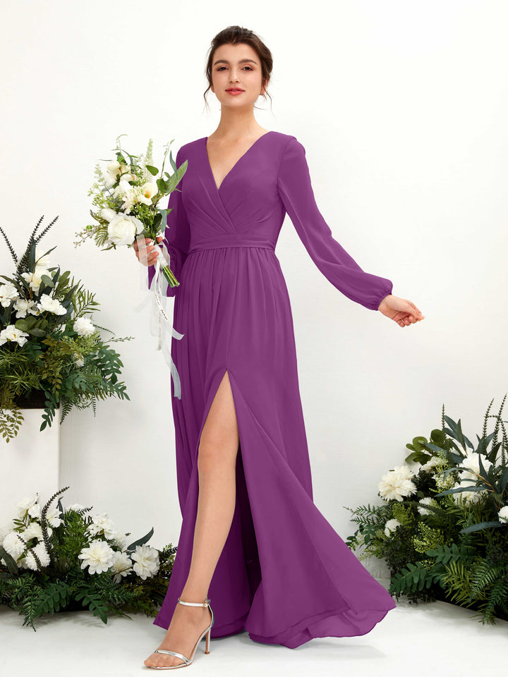 Purple Bridesmaid Dresses Bridesmaid Dress A-line Chiffon V-neck Full Length Long Sleeves Wedding Party Dress (81223836)