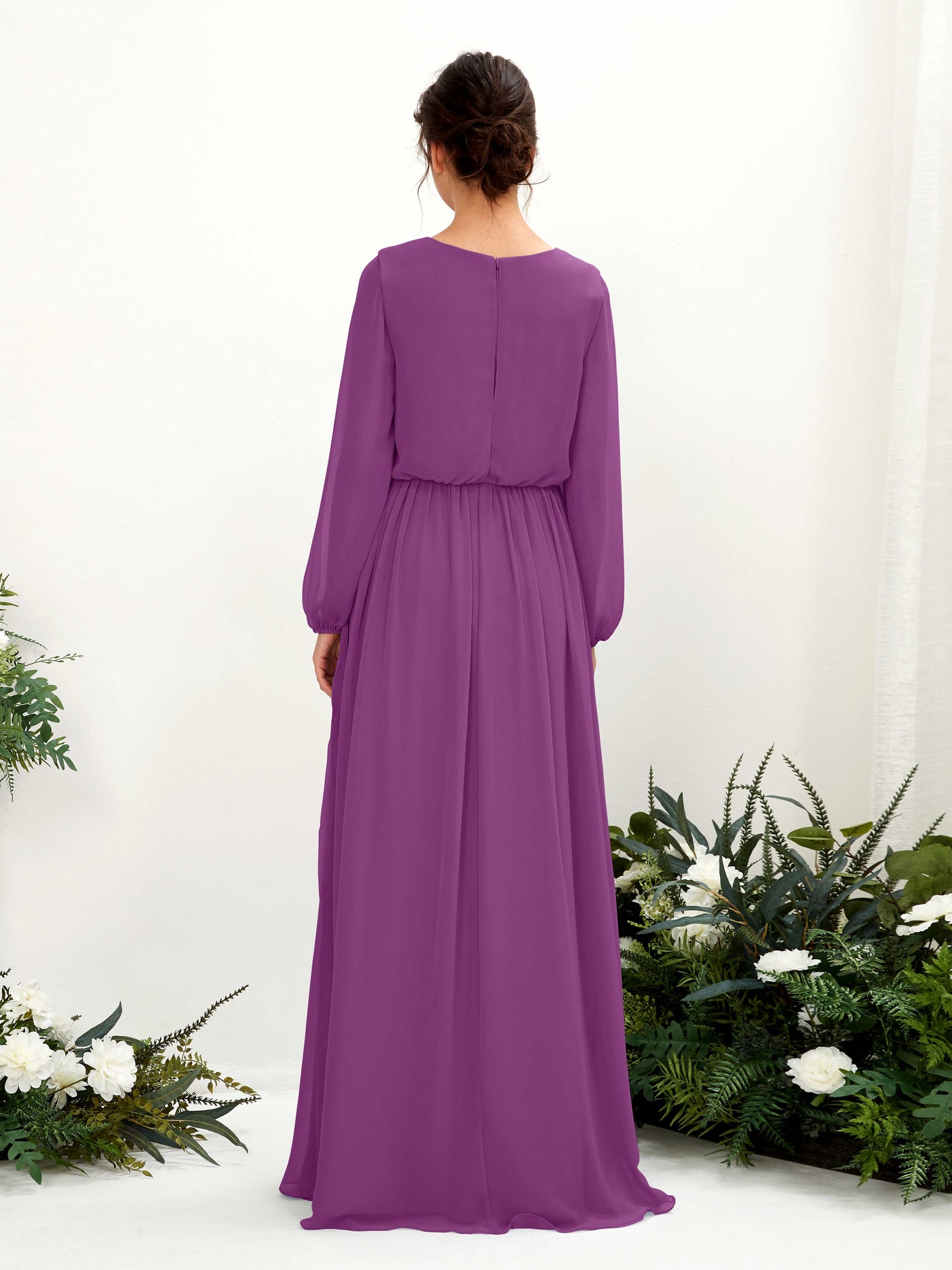 Purple Bridesmaid Dresses Bridesmaid Dress A-line Chiffon V-neck Full Length Long Sleeves Wedding Party Dress (81223836)#color_purple