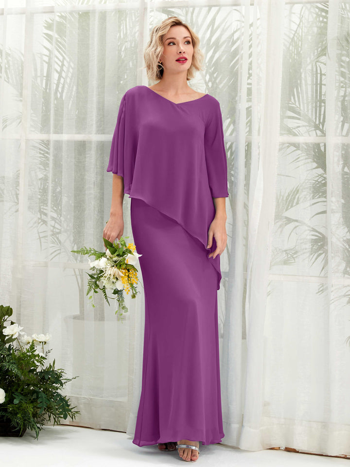 Purple Bridesmaid Dresses Bridesmaid Dress Bohemian Chiffon V-neck Full Length 3/4 Sleeves Wedding Party Dress (81222536)