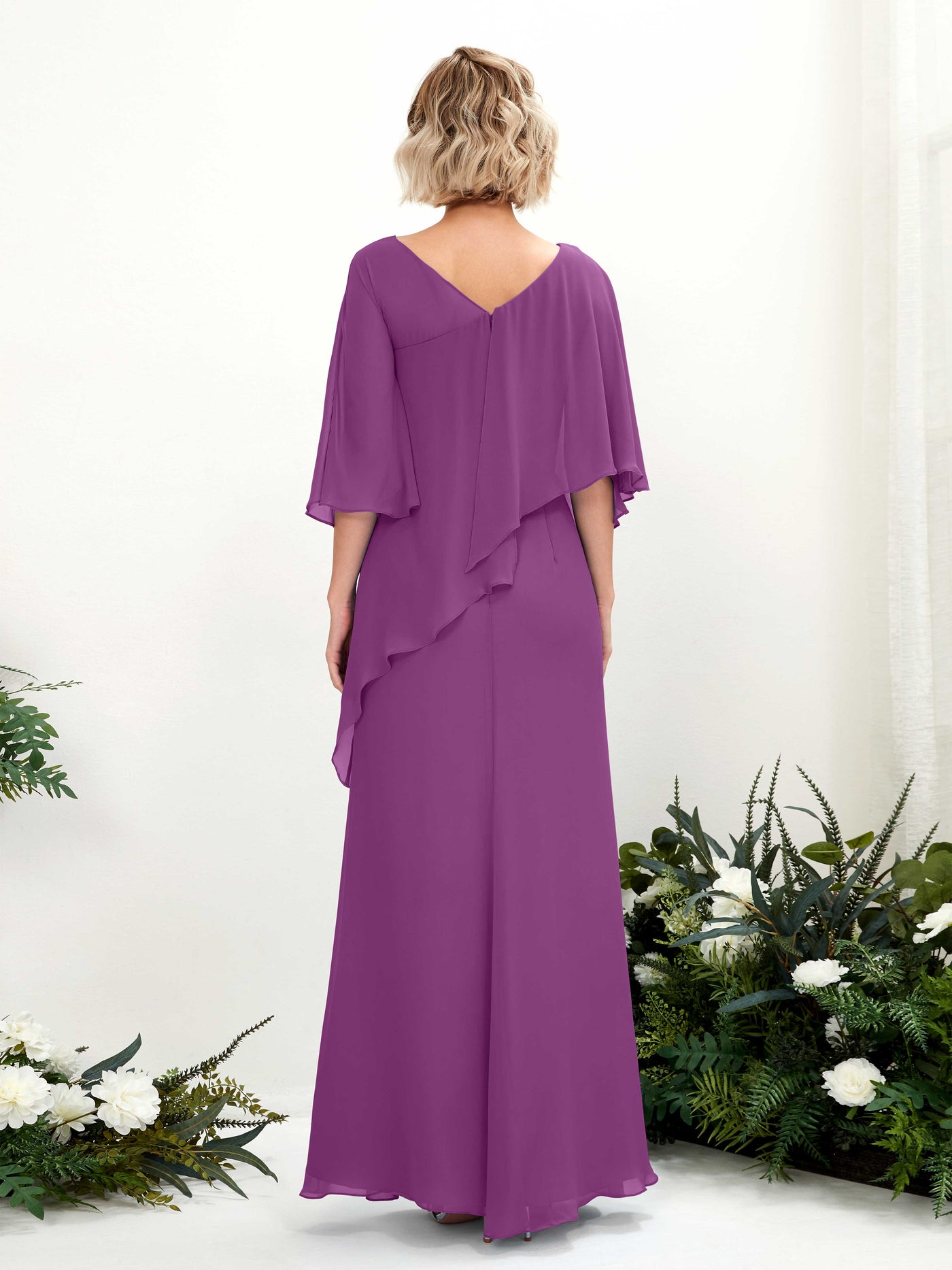 Purple Bridesmaid Dresses Bridesmaid Dress Bohemian Chiffon V-neck Full Length 3/4 Sleeves Wedding Party Dress (81222536)#color_purple
