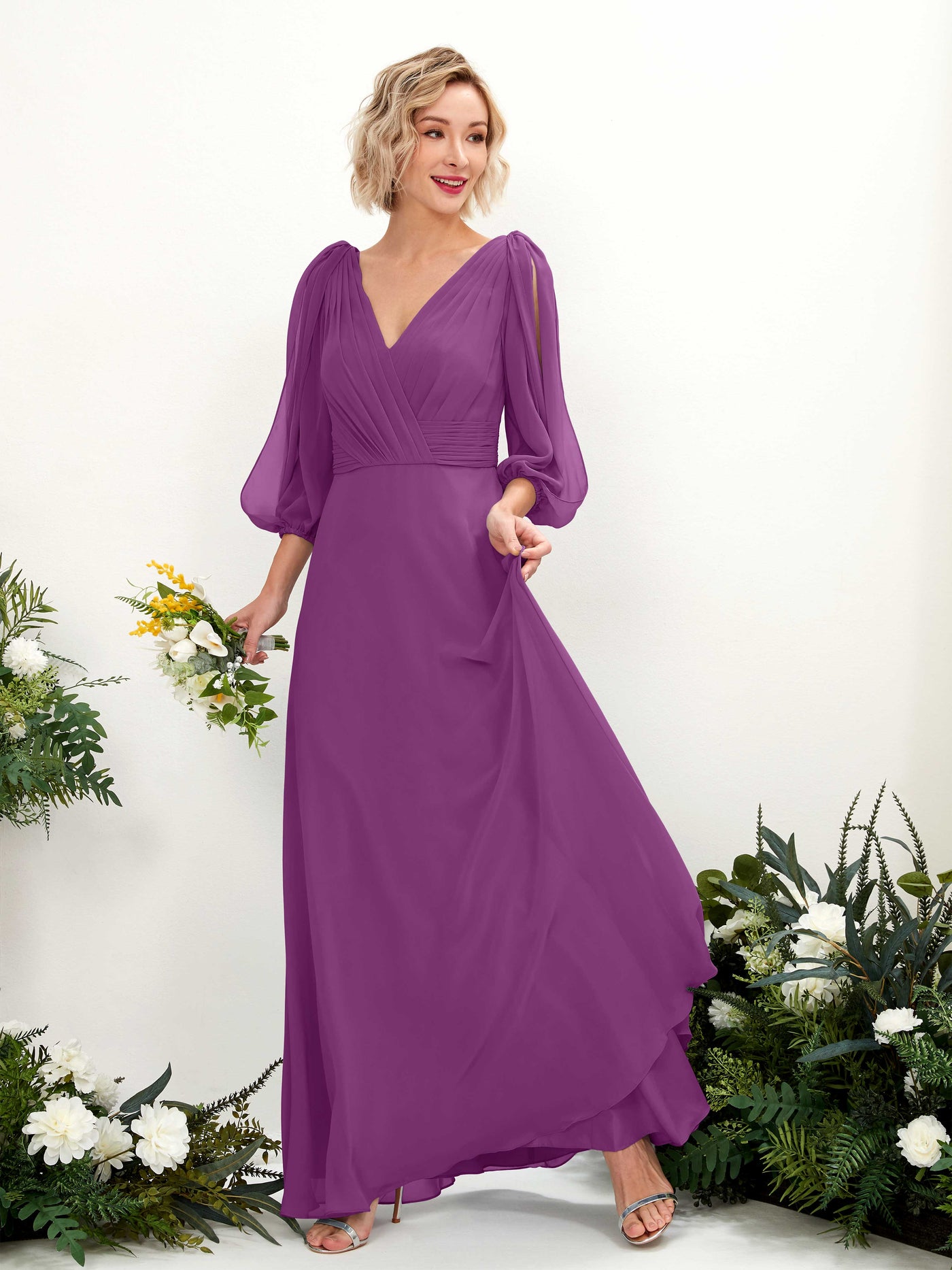 Purple Bridesmaid Dresses Bridesmaid Dress Chiffon V-neck Full Length Long Sleeves Wedding Party Dress (81223536)#color_purple