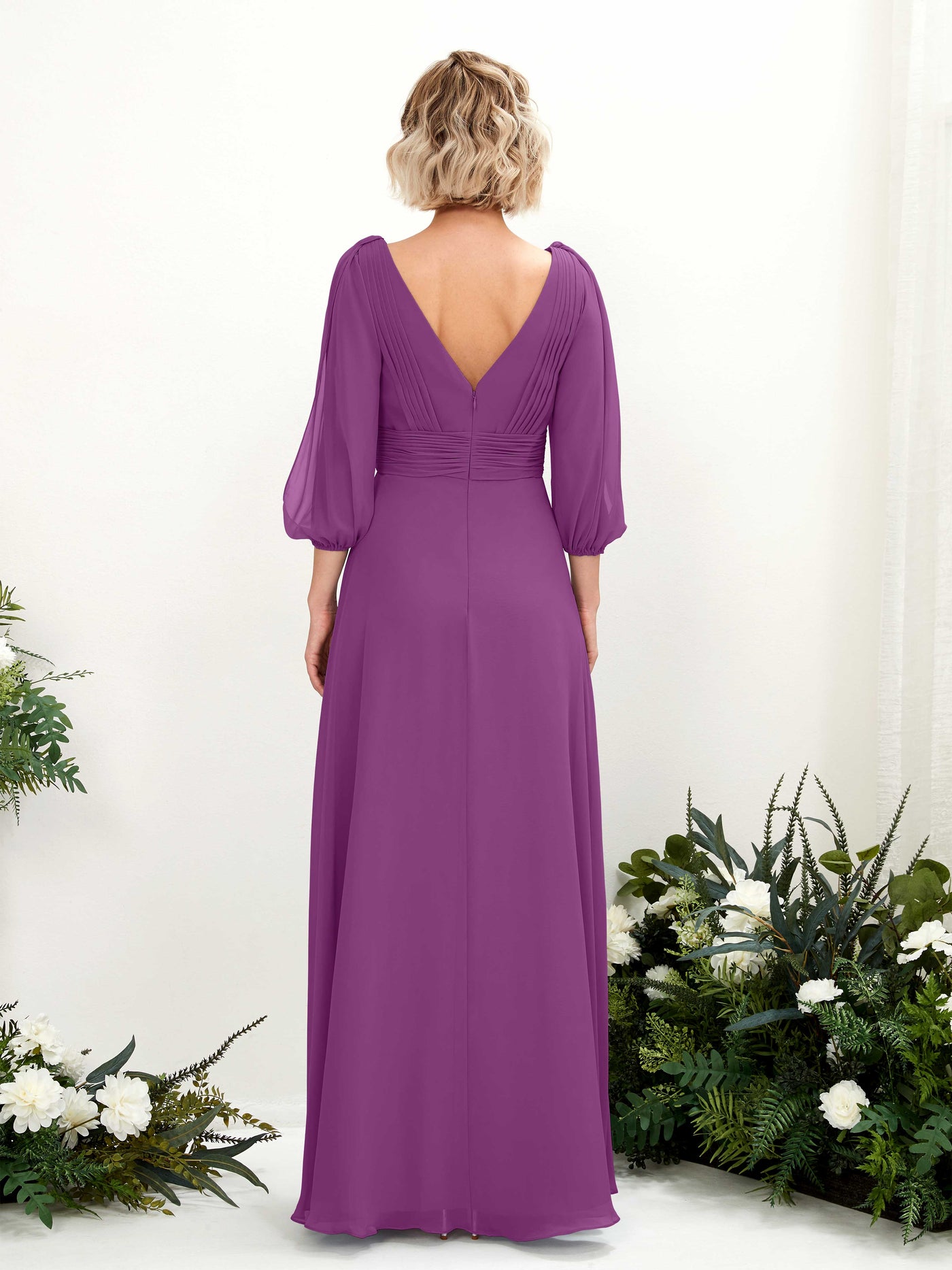 Purple Bridesmaid Dresses Bridesmaid Dress Chiffon V-neck Full Length Long Sleeves Wedding Party Dress (81223536)#color_purple