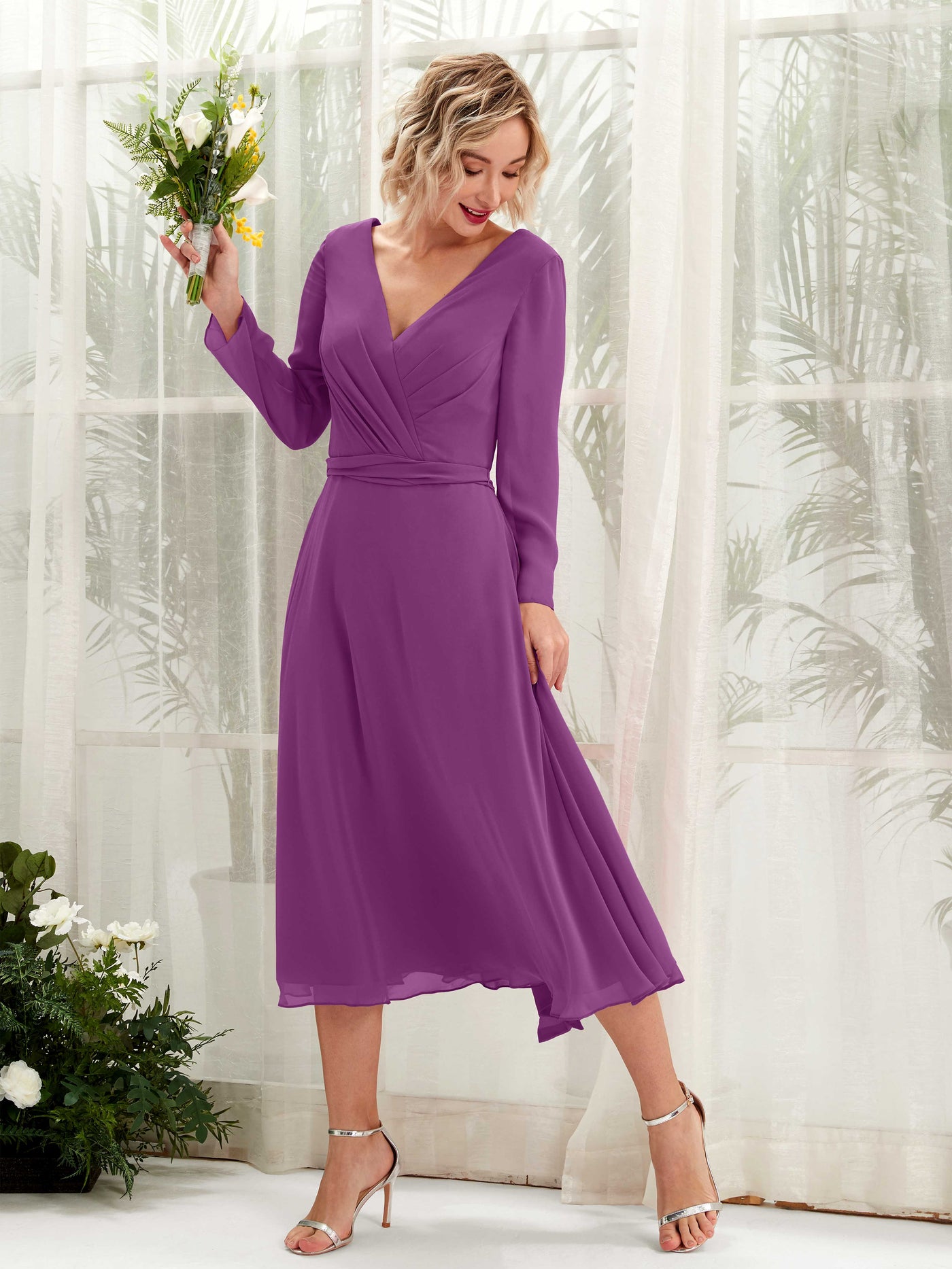 Purple Bridesmaid Dresses Bridesmaid Dress Chiffon V-neck Tea Length Long Sleeves Wedding Party Dress (81223336)#color_purple