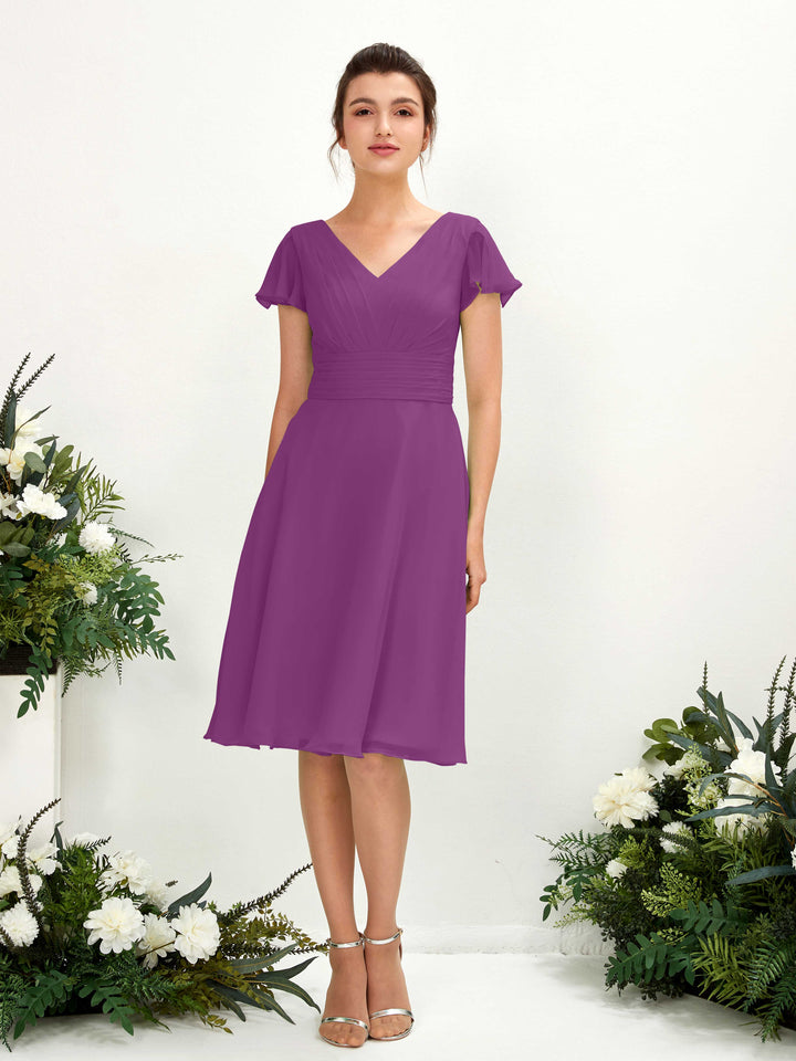Purple Bridesmaid Dresses Bridesmaid Dress Chiffon V-neck Knee Length Short Sleeves Wedding Party Dress (81220236)
