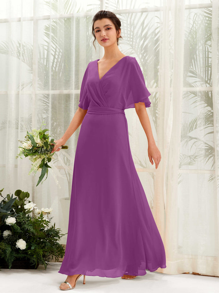 Purple Bridesmaid Dresses Bridesmaid Dress A-line Chiffon V-neck Full Length Short Sleeves Wedding Party Dress (81222436)