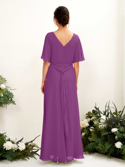 Carlyna Merta A-Line Purple Bridesmaid Dress Maxi Short Sleeve V-Neck Dress Back View #color_purple