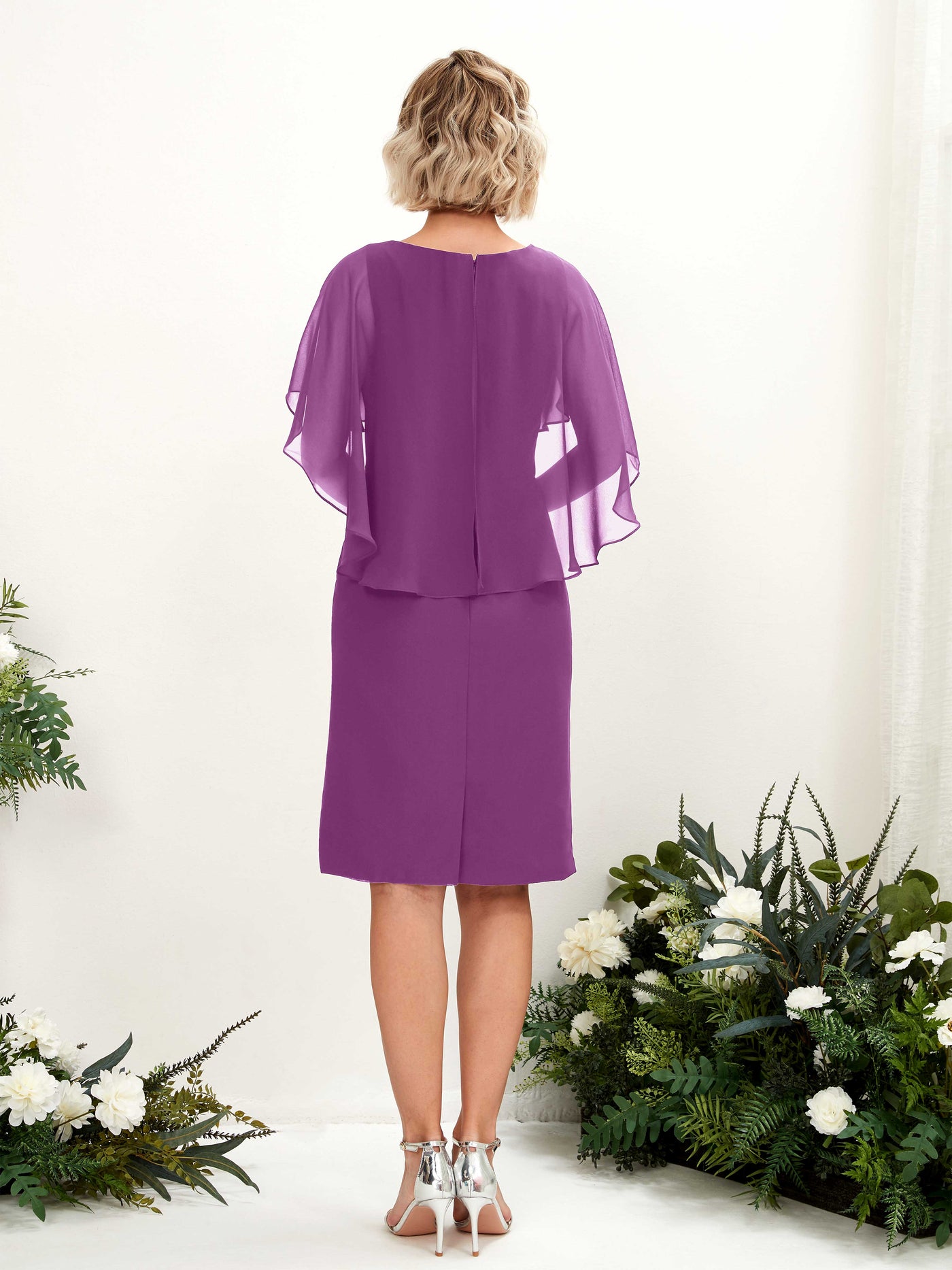 Purple Bridesmaid Dresses Bridesmaid Dress Chiffon V-neck Knee Length Short Sleeves Wedding Party Dress (81224036)#color_purple