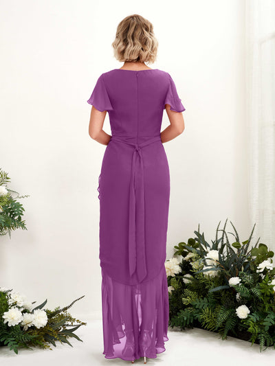 Carlyna Eartha Mermaid Purple Bridesmaid Dress Maxi Cap Sleeve V-Neck Dress Back View #color_purple