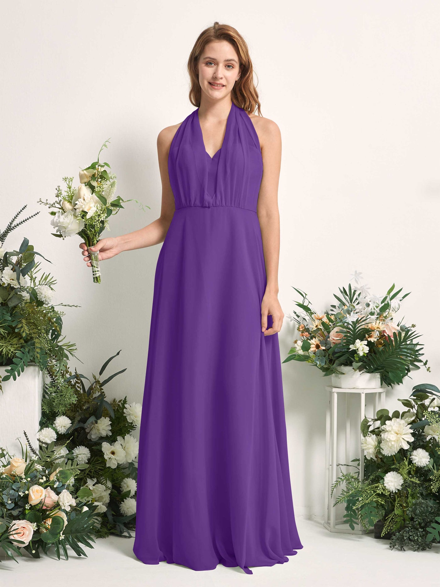 Regency Bridesmaid Dresses Bridesmaid Dress A-line Chiffon Halter Full Length Short Sleeves Wedding Party Dress (81226328)#color_regency