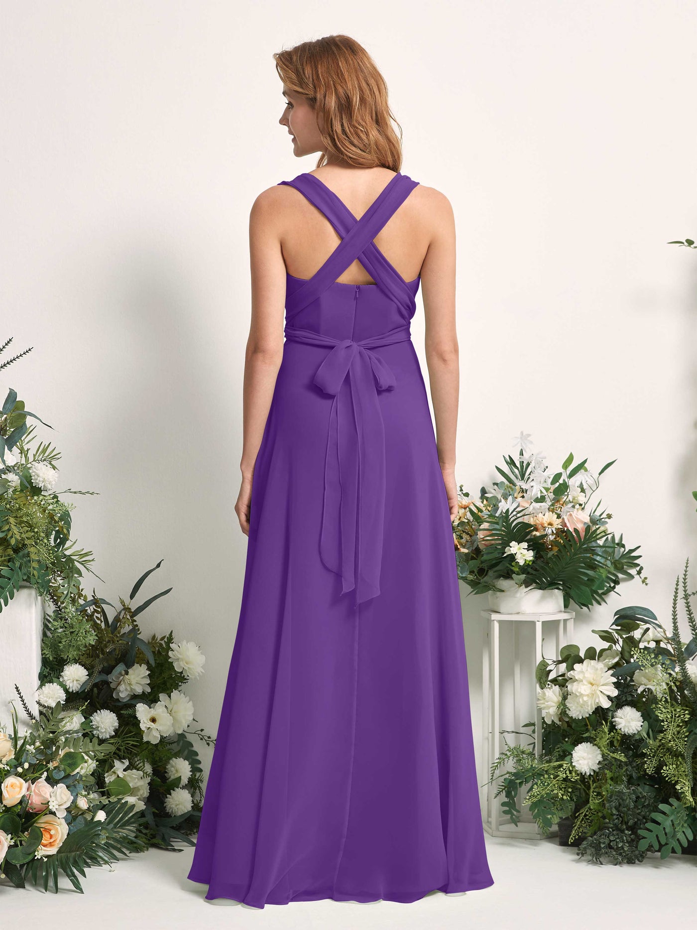 Regency Bridesmaid Dresses Bridesmaid Dress A-line Chiffon Halter Full Length Short Sleeves Wedding Party Dress (81226328)#color_regency