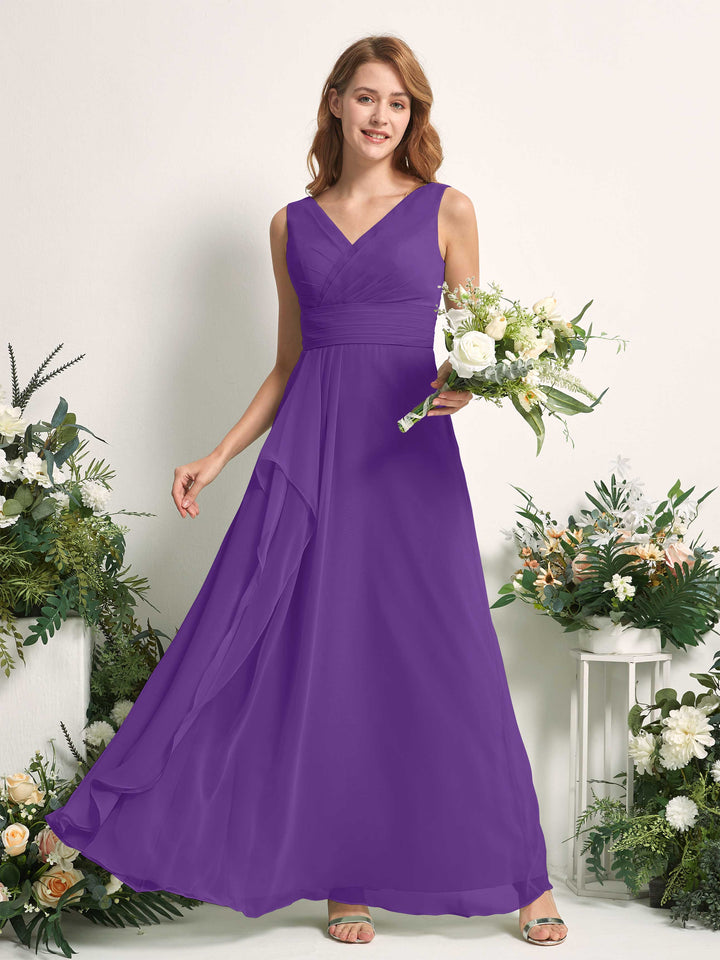 Bridesmaid Dress A-line Chiffon V-neck Full Length Sleeveless Wedding Party Dress - Regency (81227128)