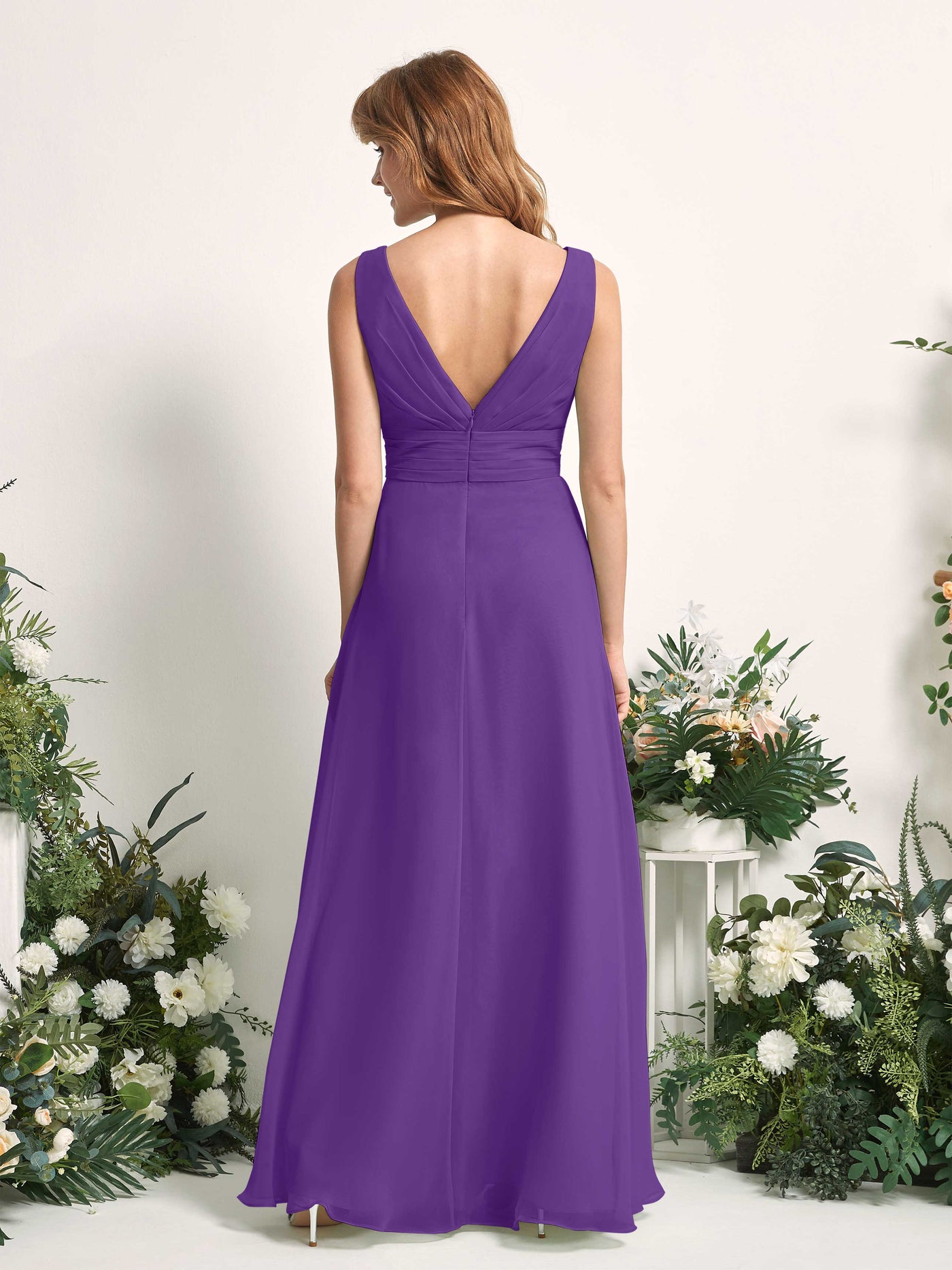 Bridesmaid Dress A-line Chiffon V-neck Full Length Sleeveless Wedding Party Dress - Regency (81227128)#color_regency