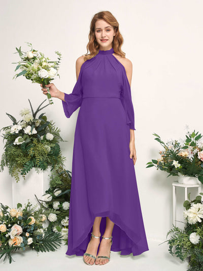 Bridesmaid Dress A-line Chiffon Halter High Low 3/4 Sleeves Wedding Party Dress - Regency (81227628)#color_regency