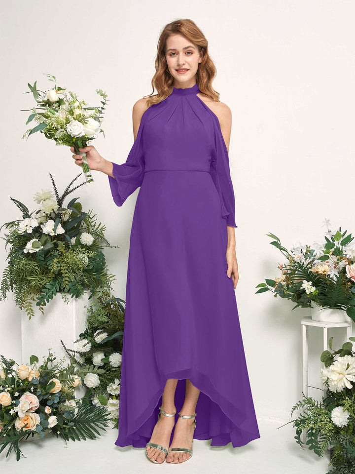 Bridesmaid Dress A-line Chiffon Halter High Low 3/4 Sleeves Wedding Party Dress - Regency (81227628)