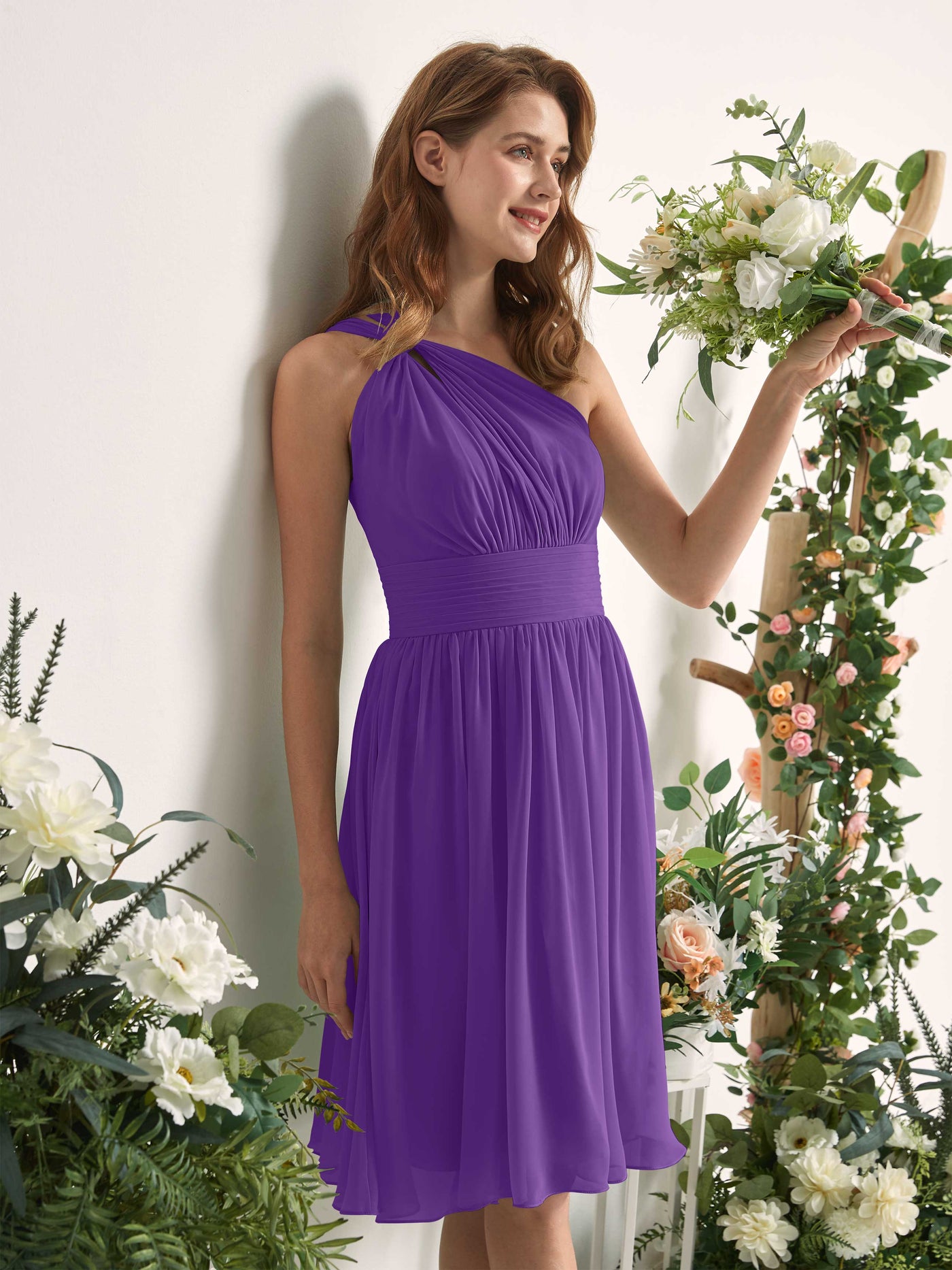 Bridesmaid Dress A-line Chiffon One Shoulder Knee Length Sleeveless Wedding Party Dress - Regency (81221228)#color_regency