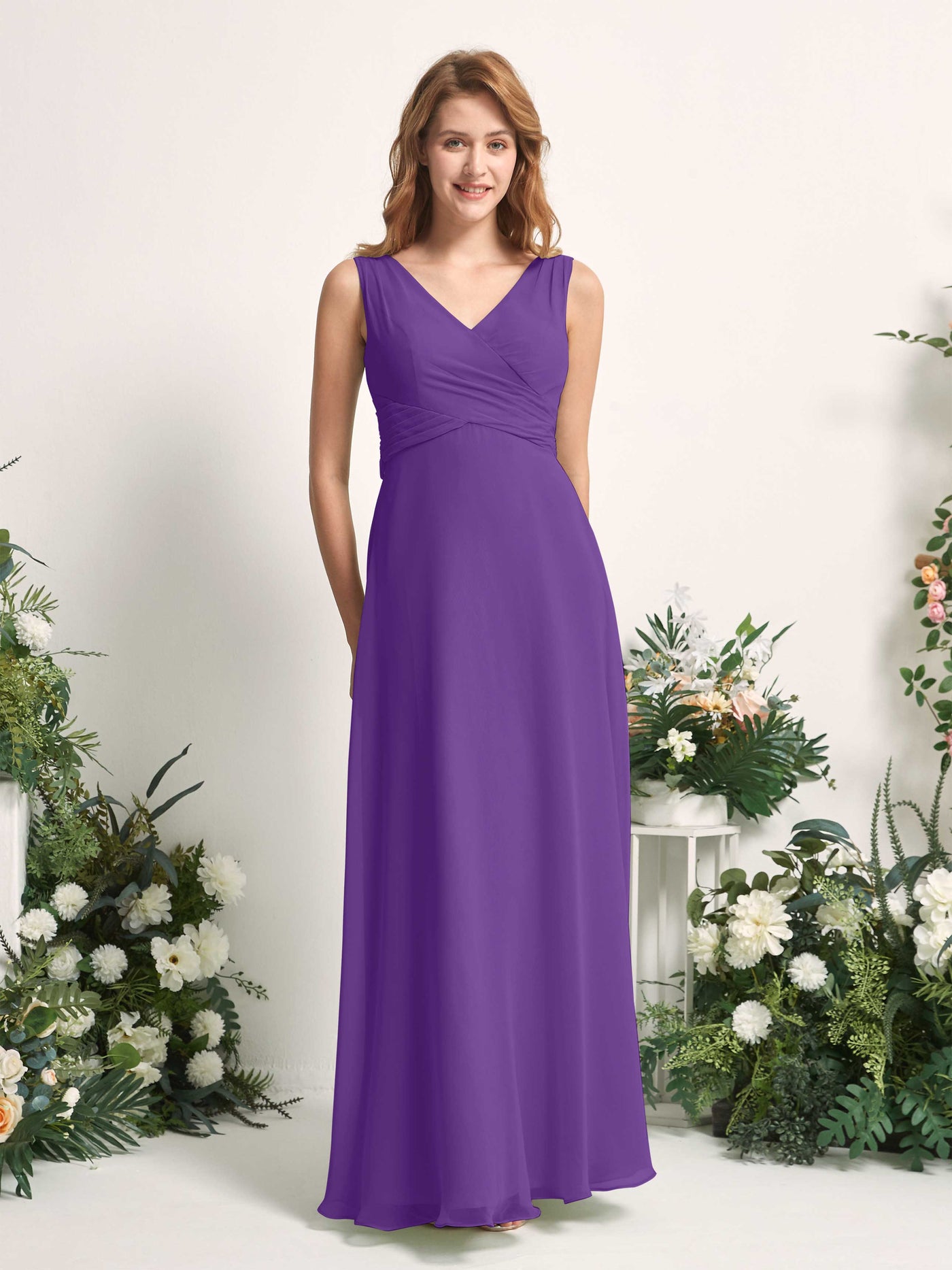 Bridesmaid Dress A-line Chiffon Straps Full Length Sleeveless Wedding Party Dress - Regency (81227328)#color_regency