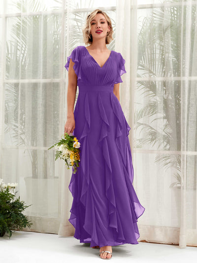 A-line Open back V-neck Short Sleeves Chiffon Bridesmaid Dress - Regency (81226028)#color_regency