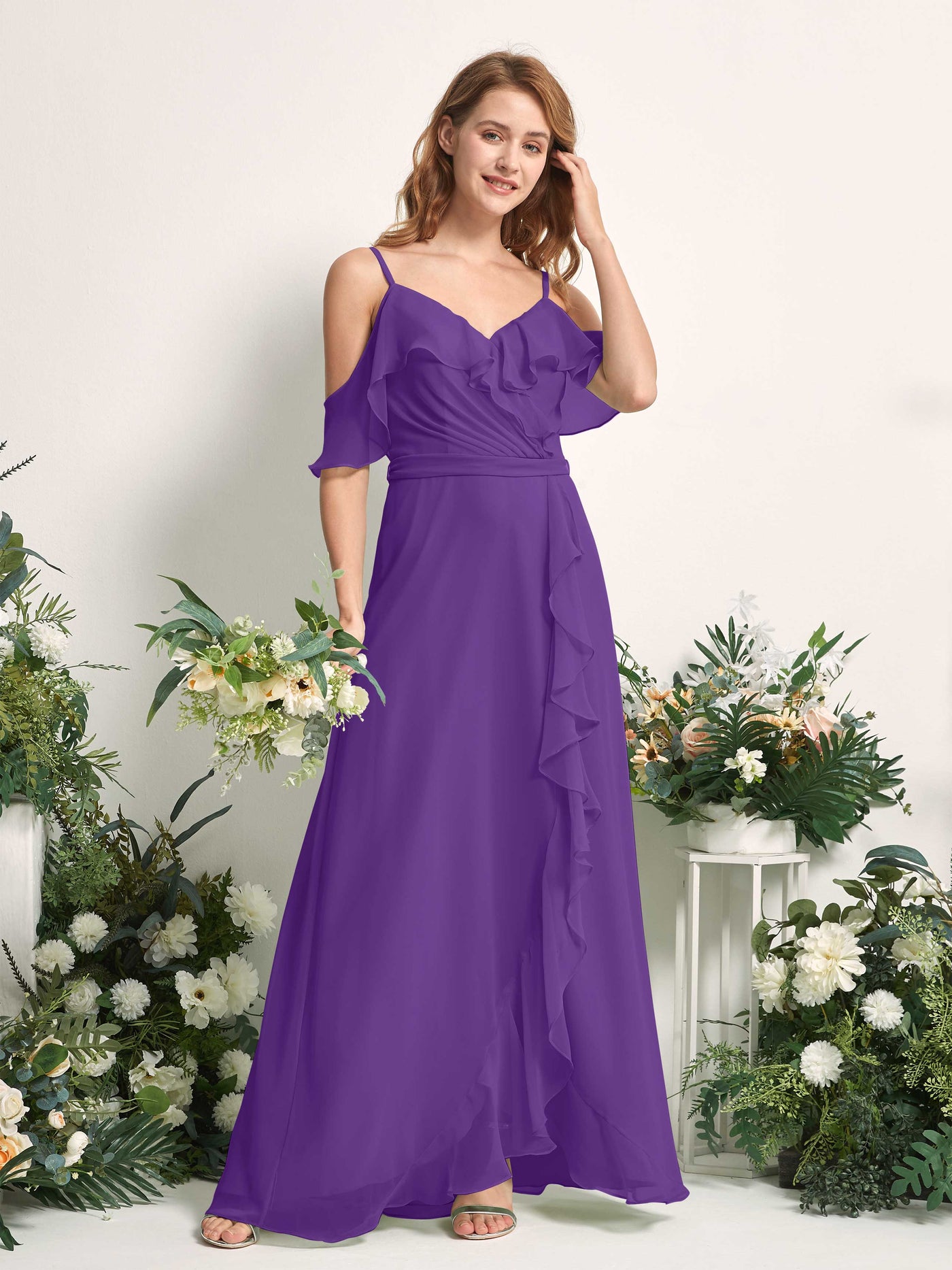 Bridesmaid Dress A-line Chiffon Spaghetti-straps Full Length Sleeveless Wedding Party Dress - Regency (81227428)#color_regency